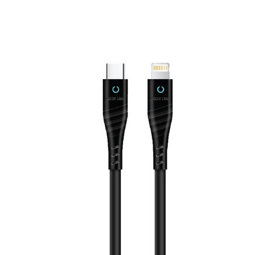 كابل Green Lion PVC USB-C إلى Lightning مع مؤشر LED 1M PD 20W - أسود - 1 م